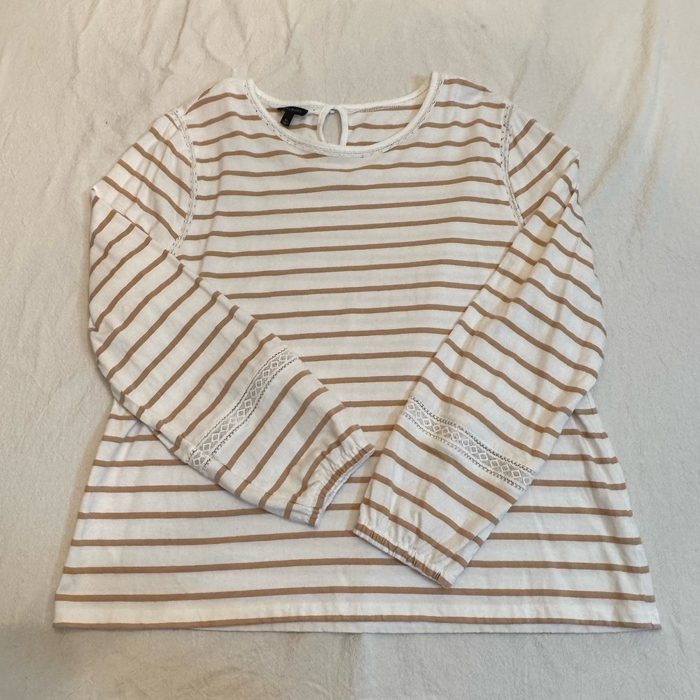 Talbots Top XL Tan White Striped Cotton Crochet Lace Knit Boho Cottagecore Shirt